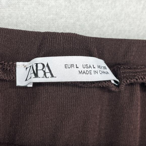 ZARA Skirt L Pleated Asymmetric Hem Elastic Waist Midi Swing Lined Brown - Picture 5 of 12